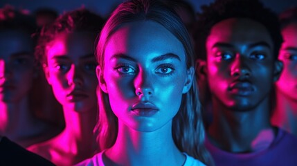 Fototapeta premium Blue team of cyber security professionals standing together in dark room lit by blue pink neon lights 