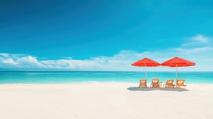 Fototapeta premium A serene beach scene featuring red umbrellas and wooden chairs on a pristine sandy shore under a clear blue sky.
