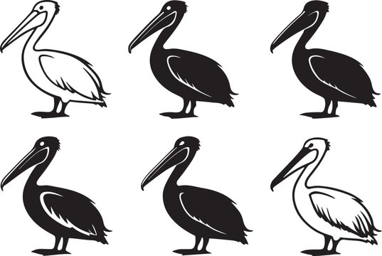 Variant style of pelican silhouettes vector illustration, isolated on a white background.