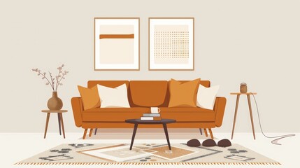 Simplistic design for living room decor layout featuring brown sofa, chic vase, rug, slippers, coffee table, and personal items.