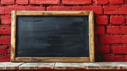Small Blackboard on Wooden Table Against Red Brick Wall, Space for Writing