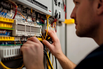 Focused Electrician in Hard Hat Working with Wiring in Industrial Setting, Generative AI