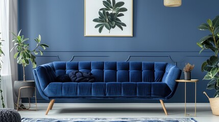Sophisticated living room decor with a chic blue velvet sofa, golden side table, plants, and modern accents against a dark blue wall.