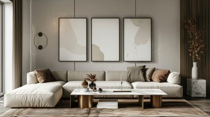 Sophisticated living room decor with mock-up frame, boucle sofa, marble table, stylish accessories. Template.