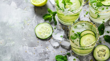 Spring cocktail with cucumber and spicy lime rim, blank space for copy
