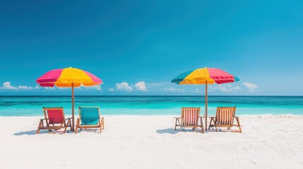 Fototapeta premium A serene beach scene featuring colorful umbrellas and lounge chairs on white sand, with calm turquoise waters under a clear blue sky.