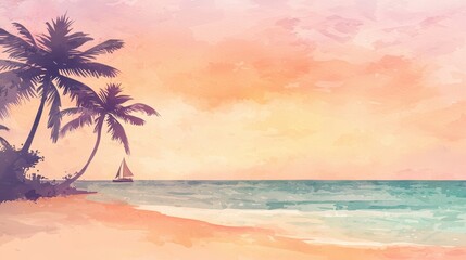 Serene Tropical Beach with Palm Trees and Calm Sailboat at Sunset