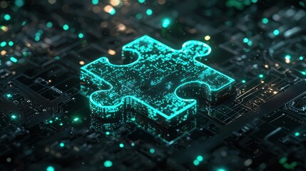 Glowing Teal Puzzle Piece on Circuit Board - Digital Solution Concept