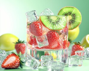 An artistic arrangement of a tropical fruit drink with fresh kiwi and strawberries, set against a soft green background with ice cubes and scattered lemon slices.