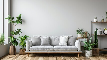 Stylish home decor with grey sofa, plants, and elegant accessories. Brown wood flooring with space for text on a poster.