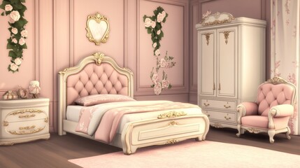 Princess bedroom furniture set, interior elements for vintage room. Elegant retro bed, cupboard, velvet armchair. Classic royal style feminine design for girl Cartoon vector isolated illustration