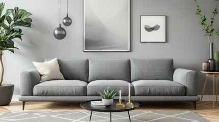 Stylish living room with mockup poster, grey sofa, coffee table, and decor. Soft neutral tones. Template.