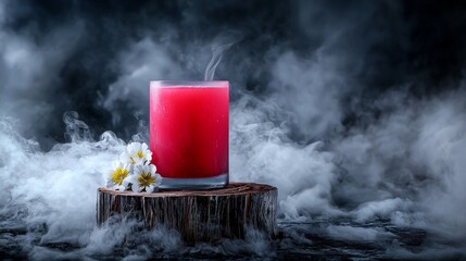 An artistic bar scene showcasing a red cocktail on a rustic wooden base, garnished with flowers and captured in dramatic, moody lighting.