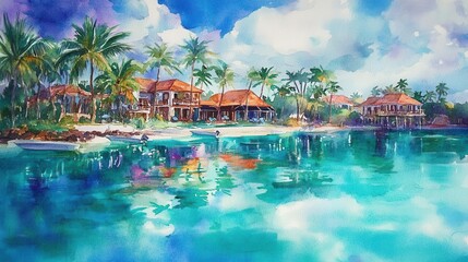 Obraz premium waterfront village nestled in lush palm trees, pastel-hued cottages reflecting in crystal-clear turquoise waters, loose watercolor technique with vibrant tropical colors