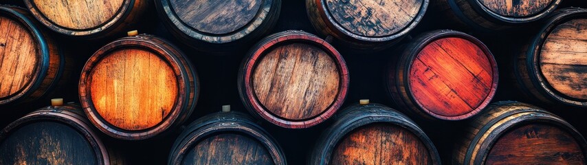 Aged Wooden Barrels Stacked High In A Cellar