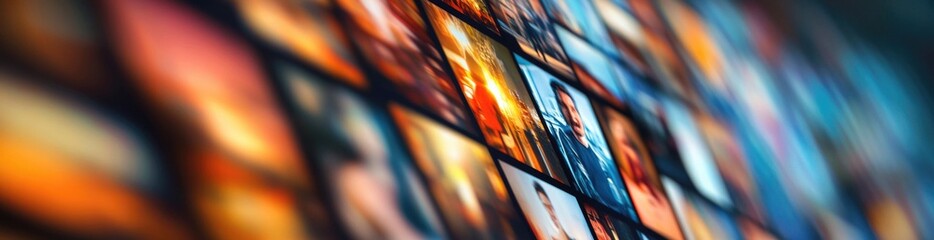Numerous colorful panels showcase various media content in a contemporary setting, highlighting the dynamic nature of digital streaming experiences during a lively viewing session