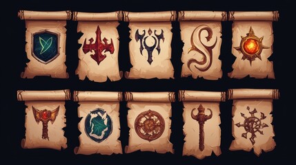 Magic parchment paper and scroll with fantasy glowing ancient wizard symbols. Cartoon vector game ui design assets of old medieval papyrus page roll with witchcraft signs. Mystery fairytale manuscript