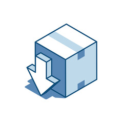 isometric vector linear icon of box and down arrow, in color on white background, issuing or sending parcels by mail