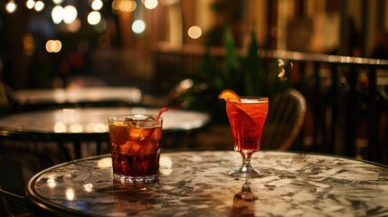 Table with two glasses of drinks.