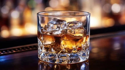 Whiskey Glass with Ice on Bar Counter