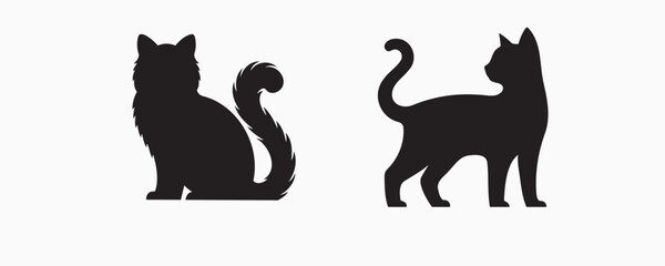 A set of three black cat silhouettes in various poses on a light gray background, perfect for design, decoration, or branding.

