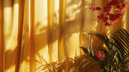 Unique plant shadows on yellow fabric create trendy abstract backdrop with window, curtains, and flowers.