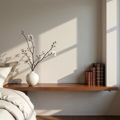 Minimalist Bedroom with Wooden Shelf, Vase, and Soft Natural Light