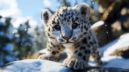 Obraz premium Adorable Snow Leopard Cub Playing in Winter Snow