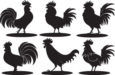 Variant style of rooster silhouette vector illustration, isolated on white background.