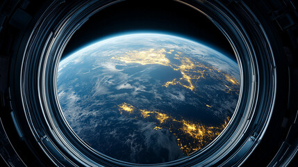 Earthrise from Spacecraft Window: A breathtaking view of Earth at night, seen through the porthole of a spacecraft. City lights twinkle against the darkness.