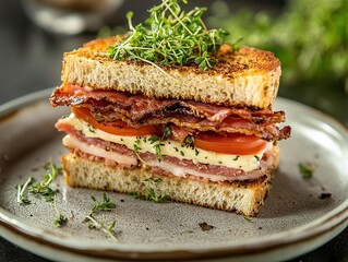 artisanal club sandwich on rustic sourdough, layers of house-cured bacon, heirloom tomatoes, and microgreens, styled on vintage ceramic plate with fresh herbs