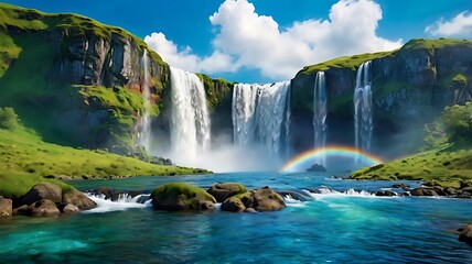 Fototapeta premium Lush Rainforest Paradise. A vibrant and lush rainforest scene featuring a cascading waterfall, Serene Waterfall Cascading Through Lush Valley