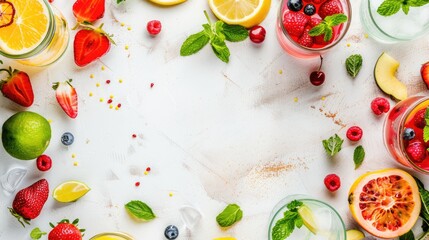 White background with space for text featuring summer drinks, fruits, and snacks