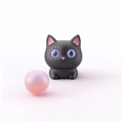 Fototapeta premium A cute black cat figurine with large blue eyes sits beside a soft pink pearl, exuding a playful and whimsical charm.
