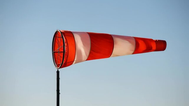 Wind sock displays strong gusts at local airport during afternoon hours in clear skies