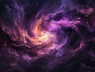 cosmic nebula swirls in deep purple and copper, fluid art painting, metallic pigments dancing through dark space, ethereal luxury abstract