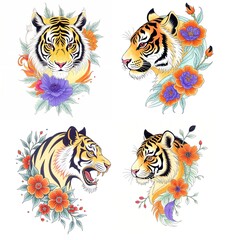 Obraz premium Tiger heads with flowers isolated on white background