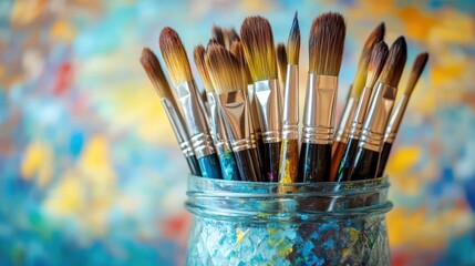 Artistic Paintbrushes in Glass Jar with Colorful Background