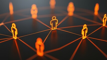 leadership skills andempathy concept. Digital network of interconnected figures highlighted in orange, symbolizing social connections and relationships.
