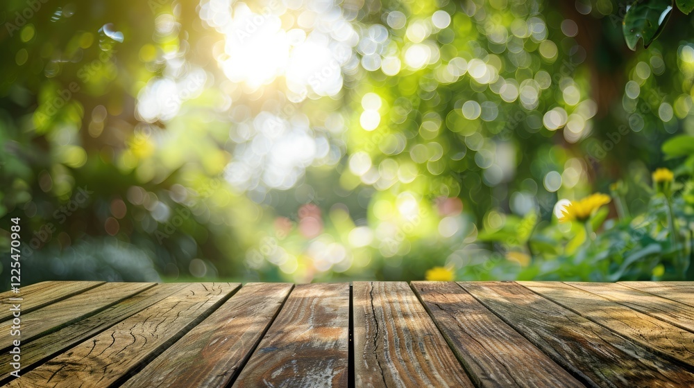 Wall mural Wooden table with garden blur background for product display.