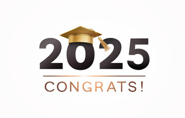 Graduate college, high school or university cap with Congrats on white background. Vector degree ceremony hat and congratulation. Golden educational student symbol