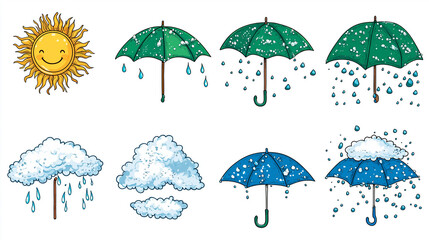 Weather Umbrellas: A cheerful illustration depicting various weather conditions &ndash; sunshine, rain, and snow &ndash; each accompanied by an umbrella.