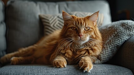 Obraz premium A ginger cat with sharp claws perches on a grey sofa.