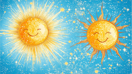 Smiling Suns: Two cheerful cartoon suns with beaming smiles and radiant rays, set against a vibrant blue sky filled with twinkling stars. This whimsical illustration radiates joy and optimism.