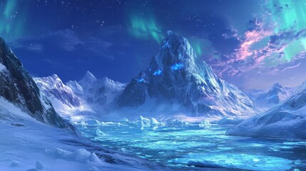 Antarctica landscape with ice floe and mountains, blue sea or ocean water and northern light in sky. Cartoon vector illustration of arctic scenery with iceberg. Polar horizon with snow and glacier.