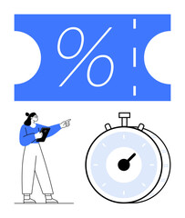 Woman holds tablet pointing to coupon with percentage and timer. Ideal for sales, time management, e-commerce, promotions, urgency, strategy, abstract line flat metaphor