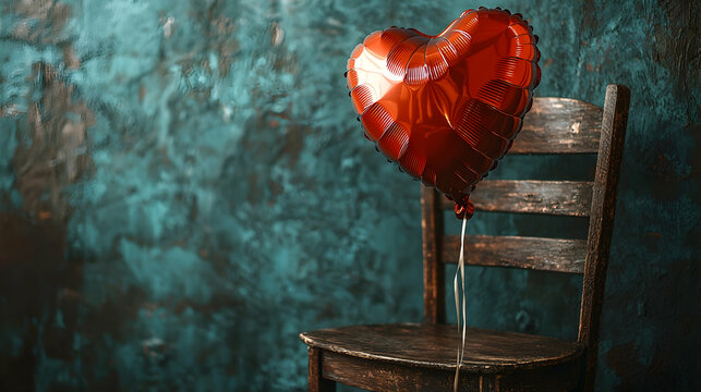 A heart-shaped balloon tied to a wooden chair - Powered by Adobe