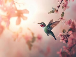 Naklejka premium ethereal capture of a ruby-throated hummingbird suspended mid-flight, wings creating a mesmerizing blur, metallic emerald plumage shimmering against soft-focus pink flowers at dawn