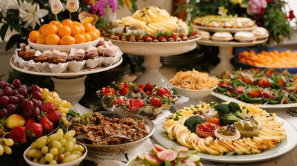 An appetizing assortment of food arranged attractively on a table.
