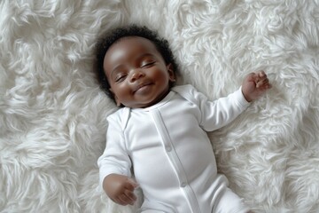 White baby onesie on a sleeping afro american baby laying on a soft furry background